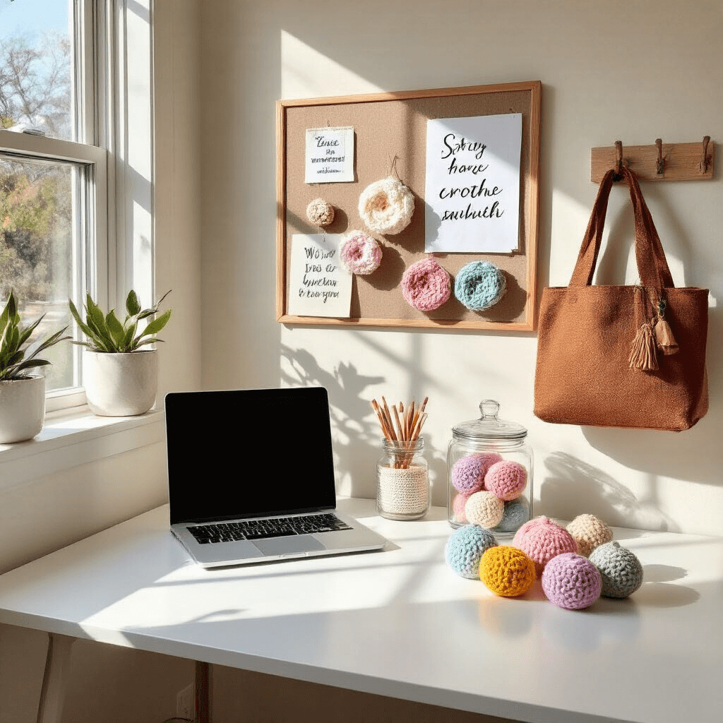 A chic home office nook features a sleek white desk with a laptop and a jar of pastel crochet face scrubbies, illuminated by late afternoon sunlight. A pin board with inspirational quotes hangs above, while a boho wine tote in earth tones rests on a coat rack nearby. The scene is viewed from a slightly elevated angle, showcasing the organized workspace and crafty details.
