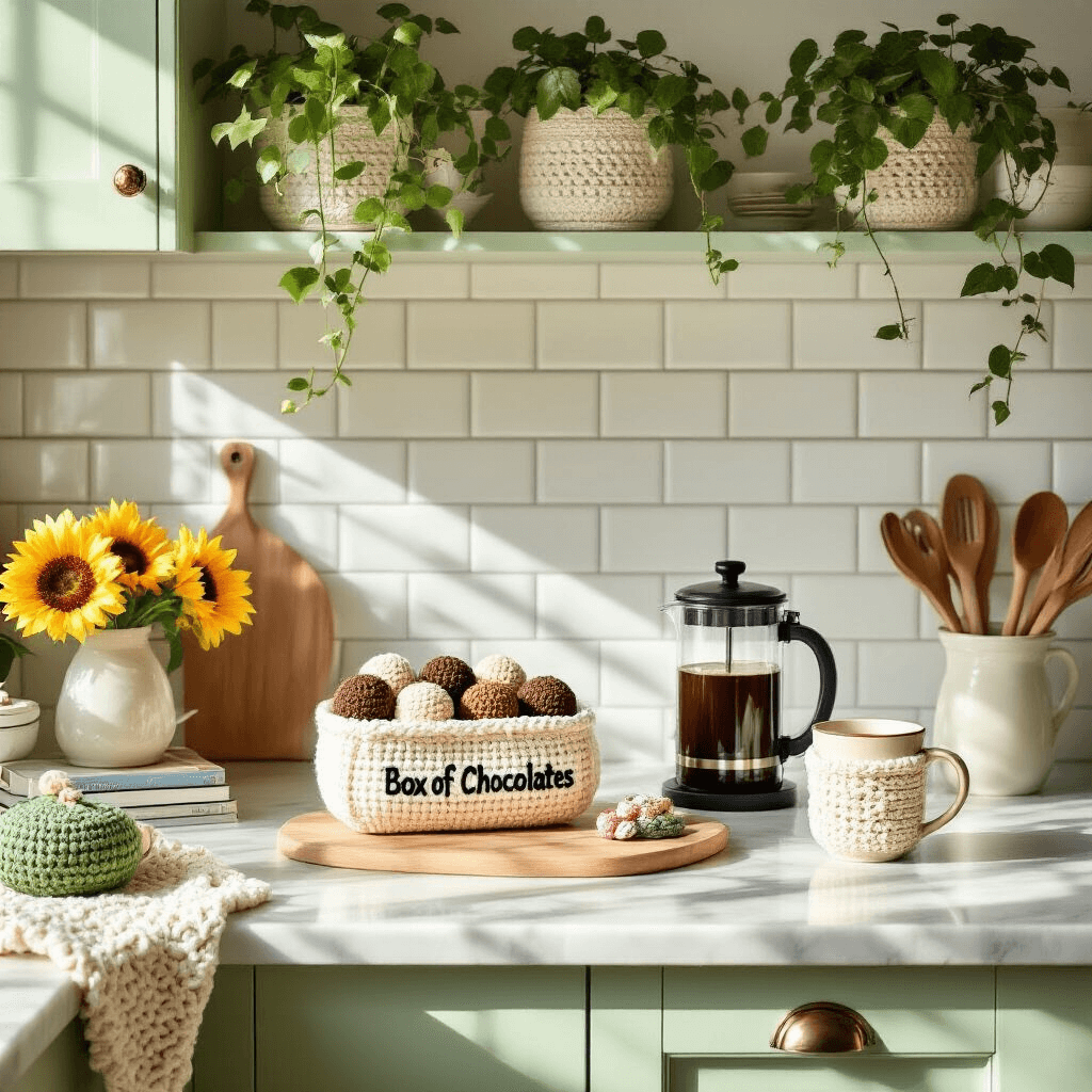 A bright kitchen corner with white subway tiles and pale green cabinets, featuring a marble countertop displaying a wooden cutting board with a crocheted assortment of amigurumi chocolates, a French press, a cozy mug, hanging plants in crocheted holders, a side table with sunflowers and cookbooks, and a crocheted moss stitch pouch.