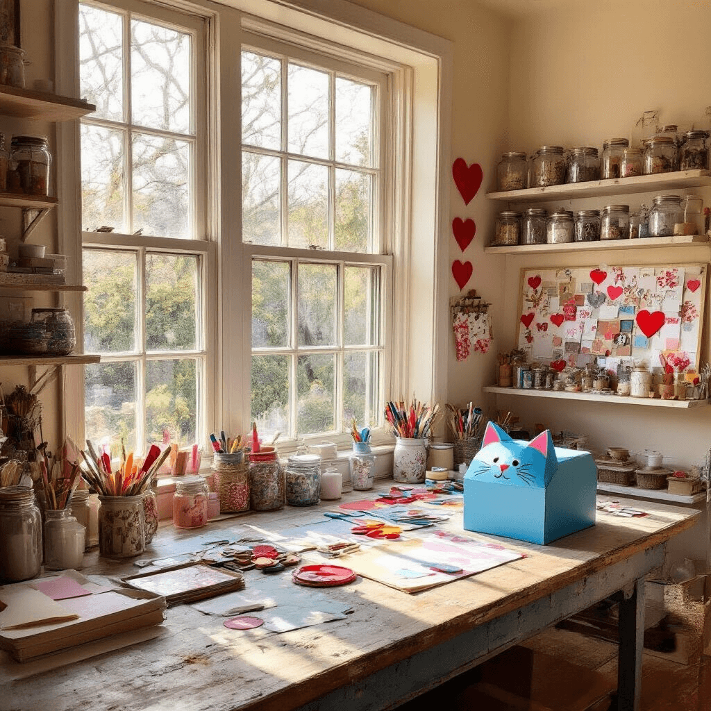 A warm and inviting craft room filled with colorful supplies and natural light streaming through a bay window, featuring a large weathered worktable, organized shelves, and a whimsical blue cat Valentine's box beside a mood board.