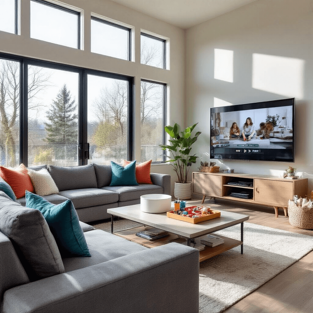 A cozy modern family room featuring a gray sectional, floor-to-ceiling windows, and a coffee table with crafting supplies for a kitty Valentine holder, set in a bright, naturally lit space with teal and coral accents.