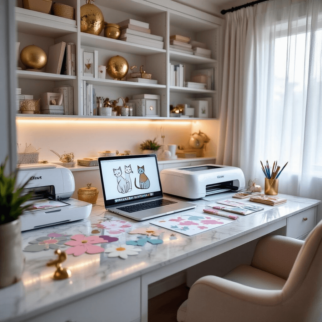 Overhead view of a chic home office converted into a craft studio, showcasing a large desk covered in Cricut supplies, pastel paper shapes, and a sleek laptop displaying cat designs. Evening light filters through sheer curtains, with warm artificial lighting and cool blue undertones from the computer screen, highlighting the stylish and focused workspace.