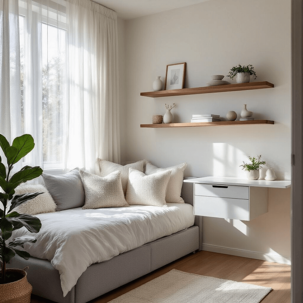 A cozy 10x12ft bedroom illuminated by morning light, featuring a modern gray linen daybed with white and cream pillows, floating walnut shelves with minimalist decor, and a folding matte white wall-mounted desk, viewed from the doorway to showcase the room's vertical space and monochromatic color scheme, complemented by a small potted fiddle leaf fig.