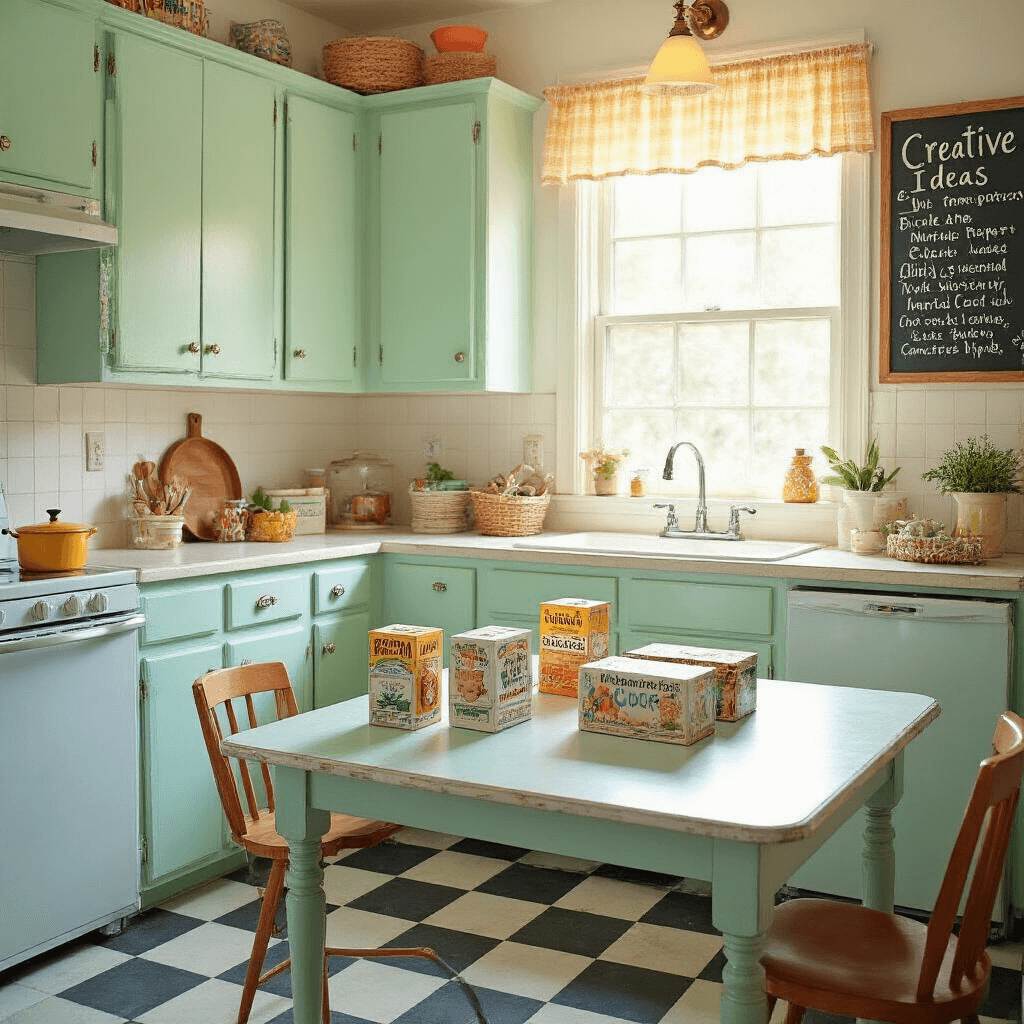 A cozy kitchen nook with checkerboard flooring and mint green cabinetry, featuring a vintage Formica table piled with empty cereal boxes and eco-friendly craft supplies. Sunlight streams in through a small window, illuminating a hand-lettered chalkboard of creative ideas. The space is brightened with pops of sunny yellow and coral, creating a nostalgic and resourceful atmosphere.