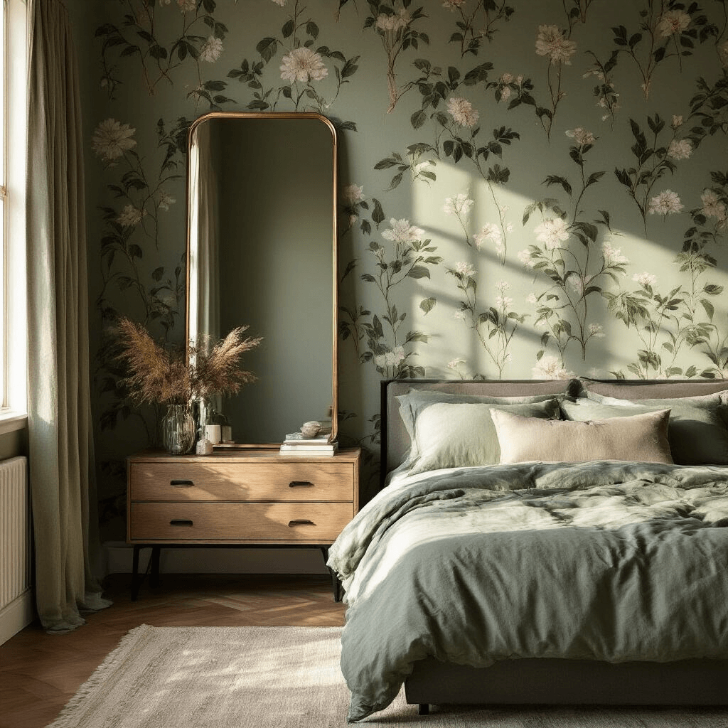 Intimate bedroom corner at golden hour featuring a full-length brass mirror reflecting soft sage green botanical prints on the walls and bedding, with a queen bed showcasing exposed black metal legs and built-in drawers, capturing dramatic shadows and warm lighting for a cozy atmosphere.