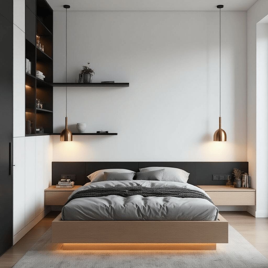 A contemporary small bedroom featuring smart vertical storage with black floating shelves, modern brushed brass wall sconces, and a light oak platform bed with integrated nightstands. The low camera angle highlights the ceiling height and vertical design elements, enhanced by warm artificial lighting that casts dramatic shadows in the evening setting. Minimalist decor includes curated metallic accents.
