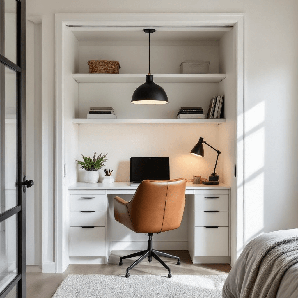 A compact bedroom with transformed closet workspace featuring built-in desk, overhead shelving, and opened French doors, illuminated by a matte black pendant light and warm cognac leather chair, showcasing organized and efficient workspace in cool morning light.