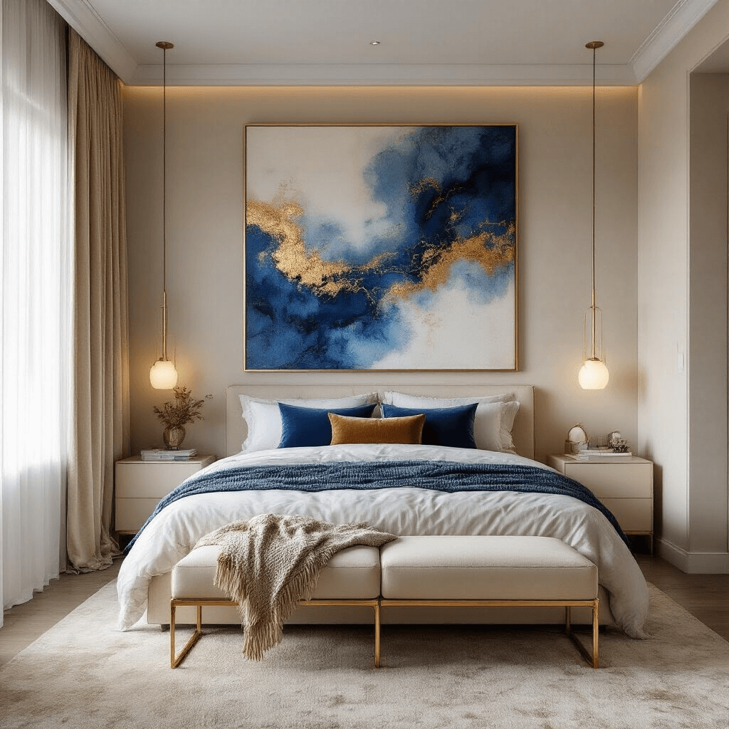 Luxurious small bedroom with a king bed featuring a champagne metal frame, oversized abstract artwork in blues and golds, and layers of velvet pillows, woven throw, and silk drapery. Low-profile cream and brass furniture enhances the openness, captured from a corner angle with dusk lighting highlighting the texture and ceiling height.
