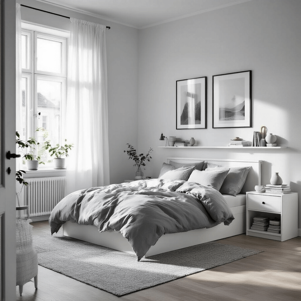 A minimalist Scandinavian bedroom featuring a MALM bed in white oak, adorned with ÄNGSLILJA bedding in soft grey and white. Sunlight streams through sheer white HILDRUN curtains, illuminating a KALLAX unit used as a room divider and displaying ceramics and books. RIBBA picture ledges showcase black and white photography, all captured from the door frame in a cool morning atmosphere.