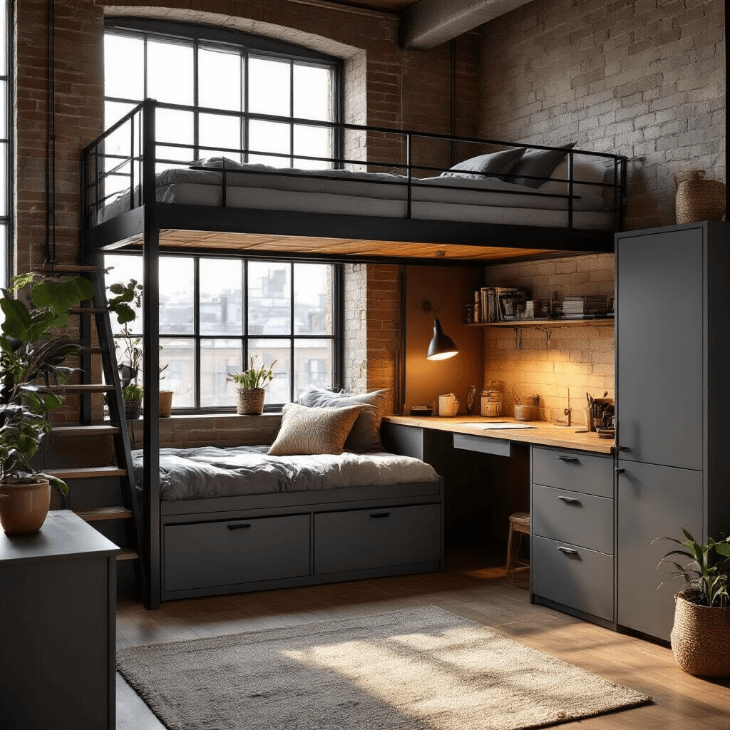 Cozy loft bedroom with black metal IKEA STORÅ bed, integrated desk space below, and grey matte VOXTORP cabinets as staircase storage. Warm afternoon light streams through industrial windows, highlighting the compact workspace with ALEX drawers and TERTIAL lamp, featuring warm wood tones and metallic accents. Shot from a corner angle at 24mm to capture the vertical space.