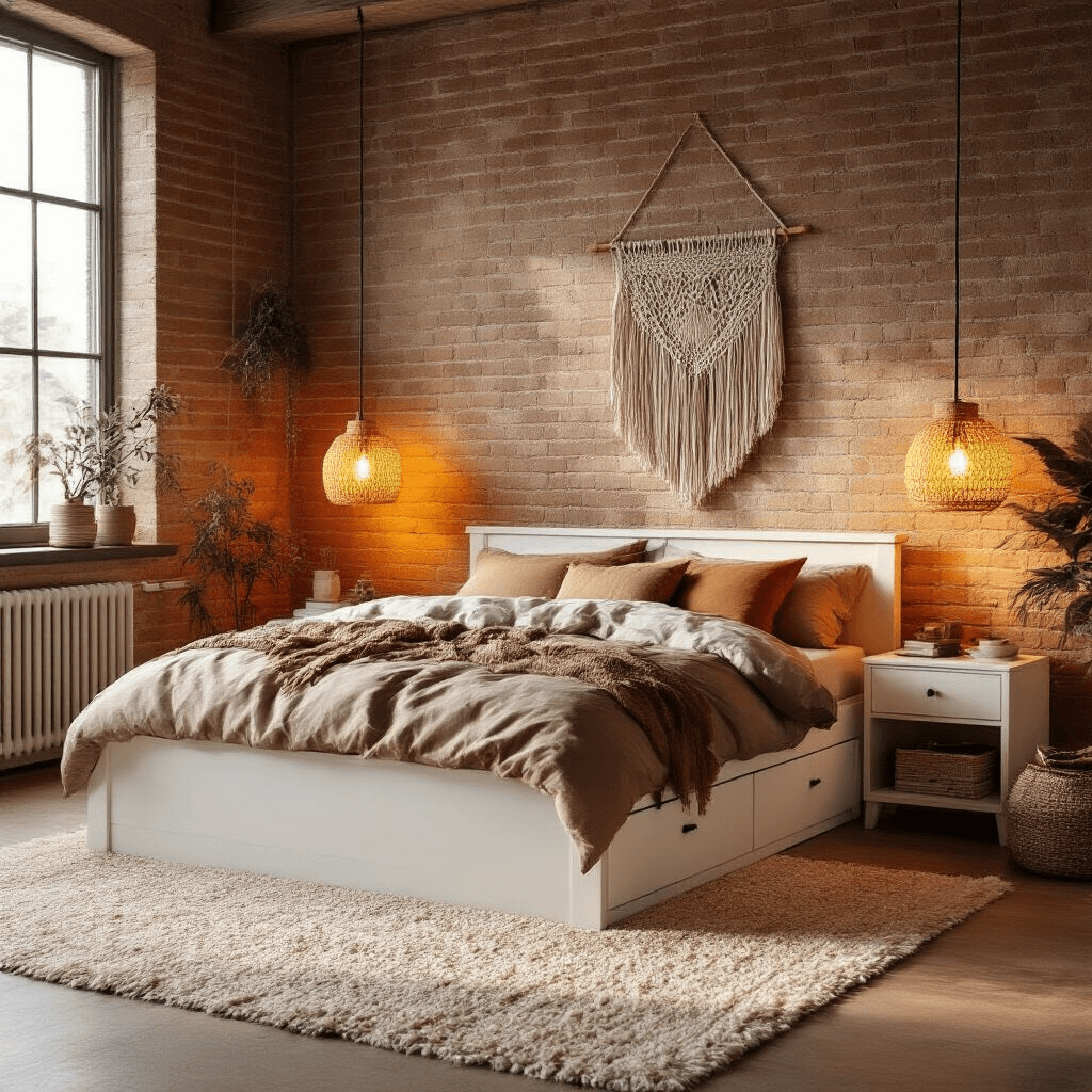 Modern bohemian bedroom with a NORDLI bed frame in pure white, featuring hidden storage; an exposed brick accent wall; sunset lighting from RITUAL pendant lamps creating a warm amber glow; layered textiles including a cream VINDUM high-pile rug, macramé wall hanging, and earth-toned VIGDIS cushions; low angle shot showcasing depth and texture with balanced warm and cool lighting.
