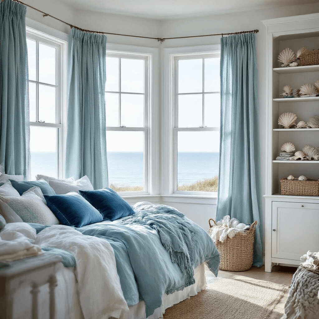 Coastal-inspired bedroom featuring the white HEMNES collection, corner windows with crossed mullions, and seafoam HANNALENA curtains. A LOMMARP bookcase displays shell collections and maritime decor. Bedding in shades of blue and white, accented with SANELA velvet cushions, is illuminated by natural daylight and soft fill lighting. Wide-angle view from the doorway showcases the room's depth and light.