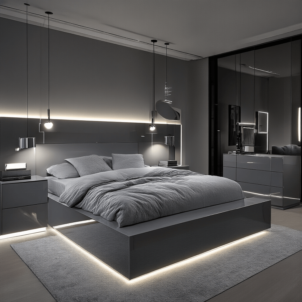 Contemporary luxury bedroom featuring a high-gloss grey MALM bed, floating LACK nightstands, and dramatic evening lighting from HEKTAR floor lamps, with smart home LED strips, a monochromatic color scheme, chrome and glass accents, and a statement mirror wall, captured from an elevated position with reflections and ambient lighting.