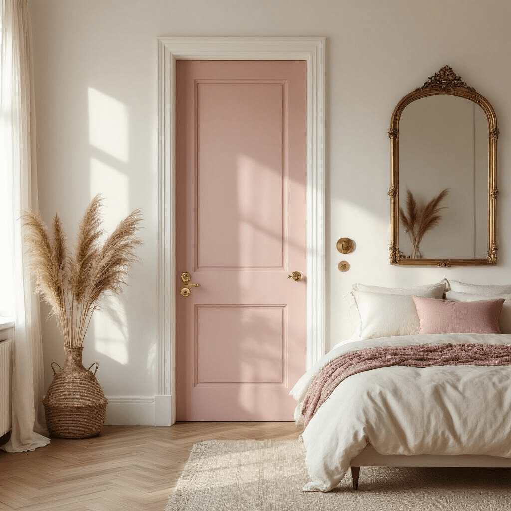 7 Stunning Door Painting Ideas to Transform Your Bedroom Serene bedroom interior at golden hour with blush pink door and brass hardware, featuring white walls, herringbone hardwood floors, and cream linens with dusty rose accents; natural light casts soft shadows through sheer curtains, with a vintage brass mirror and dried pampas grass enhancing the warm tones.