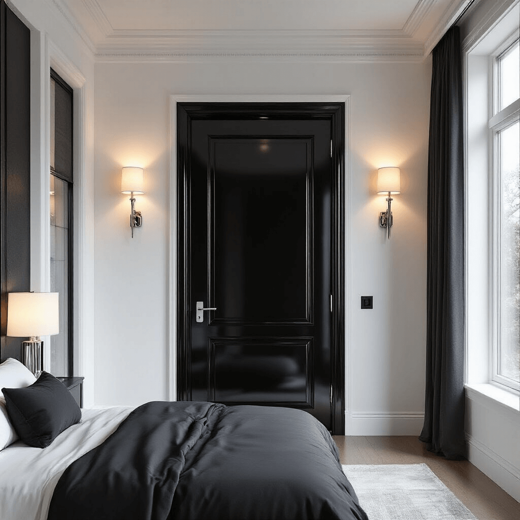 7 Stunning Door Painting Ideas to Transform Your Bedroom Dramatic evening bedroom scene featuring a high-gloss black door centered in a modern setting, flanked by white walls and sconces, with monochromatic bedding visible in reflection, all illuminated by side lighting to enhance the door's reflective quality.