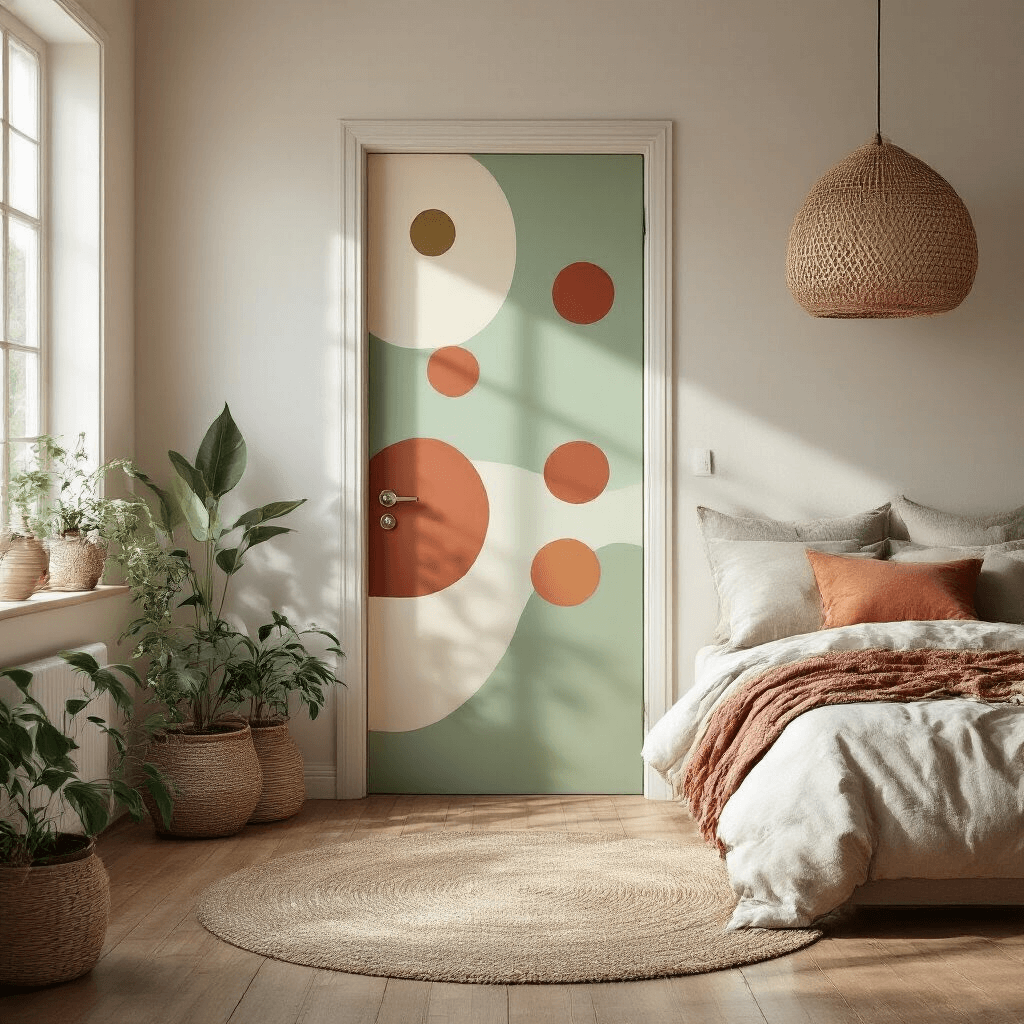 7 Stunning Door Painting Ideas to Transform Your Bedroom A whimsical bedroom with a hand-painted door featuring floating geometric shapes in sage green, terracotta, and cream. The scene is captured from a low angle with natural light creating shadows, showcasing modern bohemian decor with a woven pendant light, neutral bedding, and scattered plants. Warm wood flooring adds a grounding element.