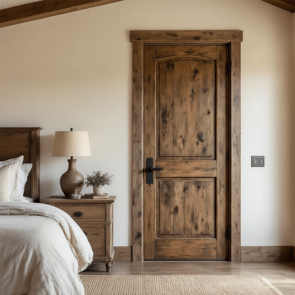 7 Stunning Door Painting Ideas to Transform Your Bedroom A rustic-modern bedroom featuring a distressed wood-look painted door in warm walnut tones, illuminated by soft morning light. The scene showcases 9ft ceilings with exposed beams, cream walls, a sisal rug, antique bronze door hardware, and layered lighting from vintage table lamps and recessed spots.