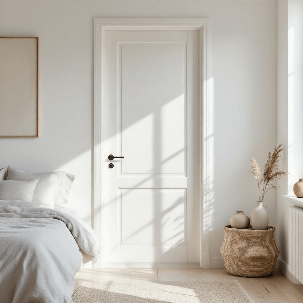 7 Stunning Door Painting Ideas to Transform Your Bedroom A minimalist bedroom featuring a matte white door casting soft shadows in early morning light, surrounded by bright white walls and light oak flooring, complemented by Scandinavian decor, linen bedding, simple ceramic vessels, and a prominent art piece, all emphasizing natural materials and textures.