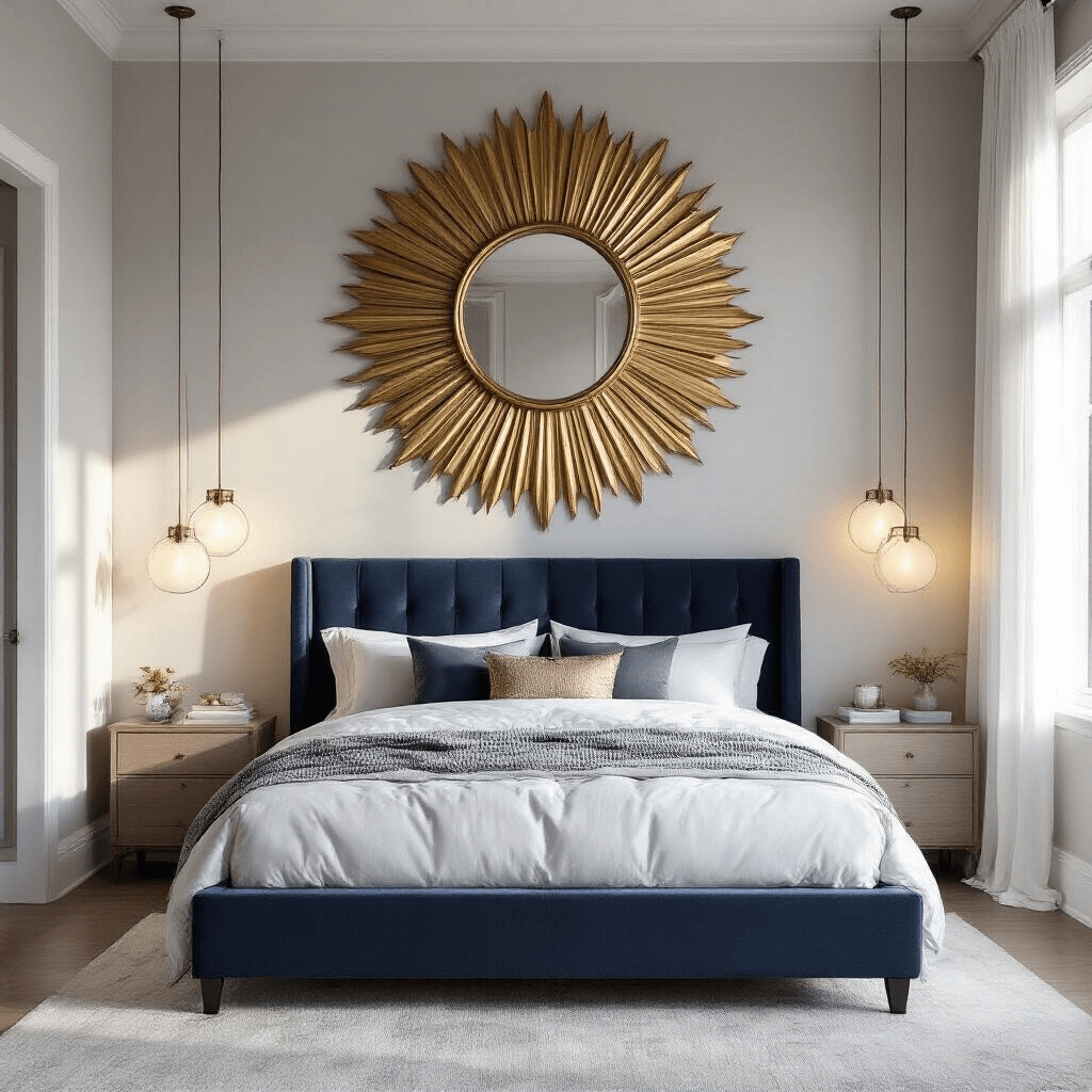A spacious master bedroom featuring a dramatic oversized antiqued gold sunburst mirror above a navy velvet platform bed, with warm light filtering through sheer white curtains onto pale grey walls and layered white bedding adorned with textural throws and mixed metallic pillows, captured at golden hour from a low angle.