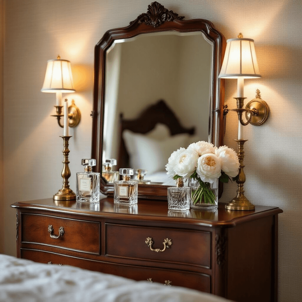 A vintage mahogany dresser with a beveled mirror reflects crystal perfume bottles, brass candlesticks, and fresh white peonies, illuminated by warm brass sconces in an intimate bedroom corner adorned with textured cream grasscloth wallpaper.