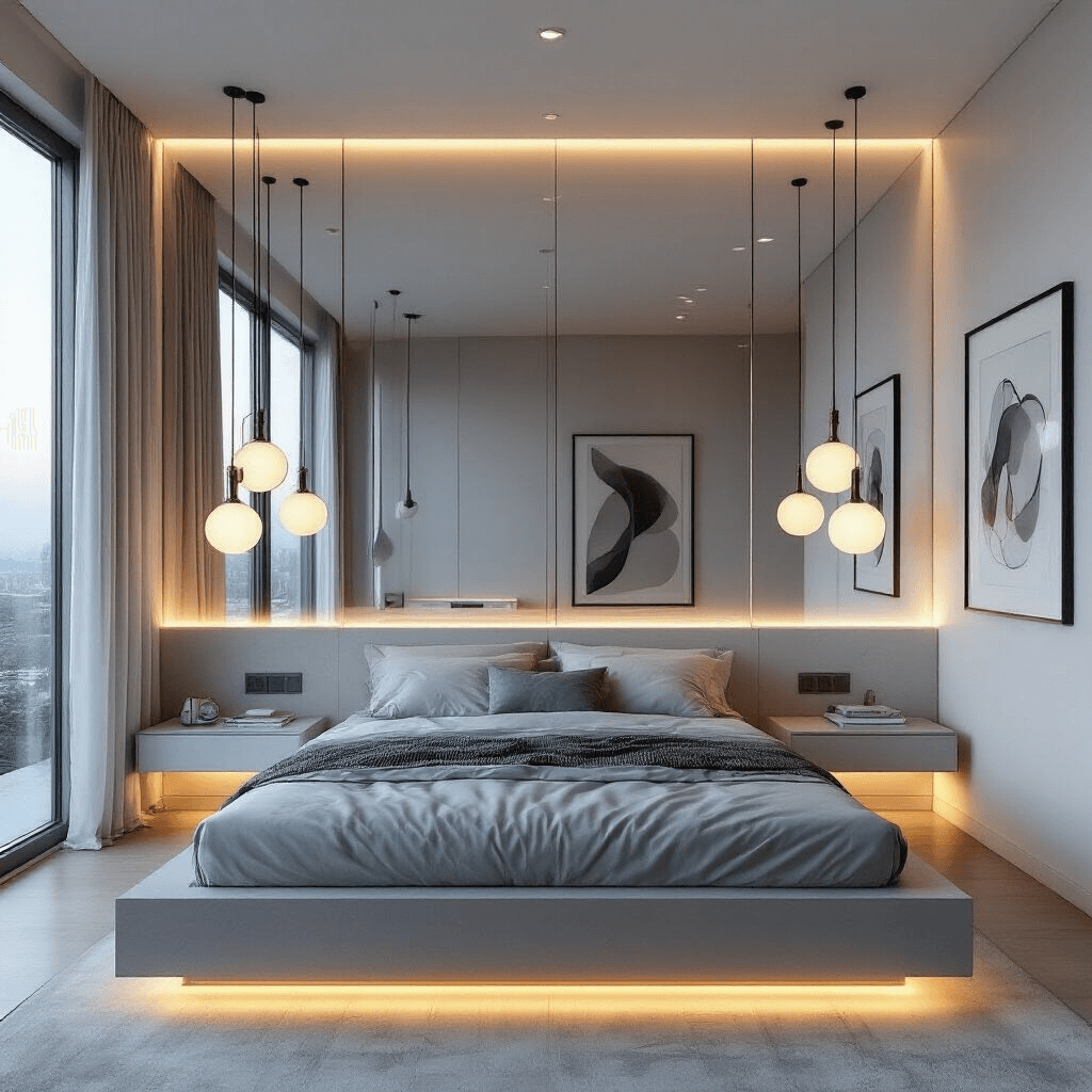 A contemporary primary bedroom featuring a full mirrored accent wall behind a minimalist platform bed, illuminated by modern pendant lights and a cool grey and white color palette, captured to emphasize reflections and depth.