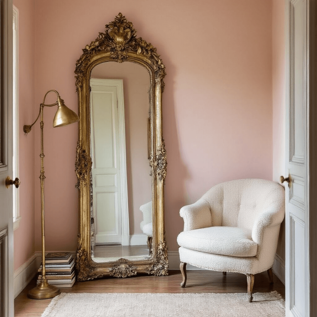A cozy 10x12ft guest bedroom featuring blush pink walls, a tall ornate French baroque mirror with a weathered gilt finish leaning in the corner, a cream bouclé accent chair partially reflected, a vintage brass floor lamp, and stacked art books, all bathed in soft morning light.