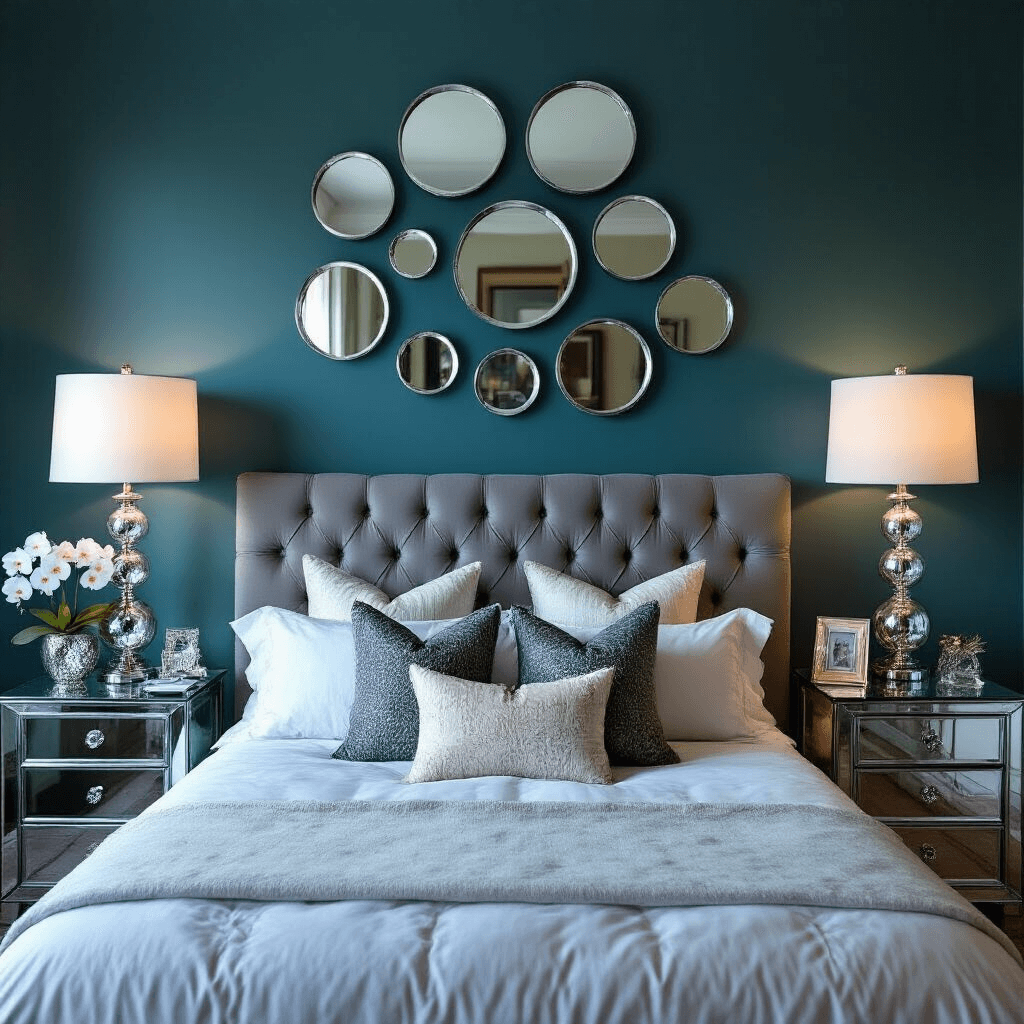 A sophisticated twilight bedroom featuring mirrored nightstands beside a tufted grey headboard, illuminated by mercury glass table lamps. Circular mirrors create a constellation above, against deep teal walls. Styled with silver-framed photos, crystal accessories, and white orchids, captured from a bed corner angle.