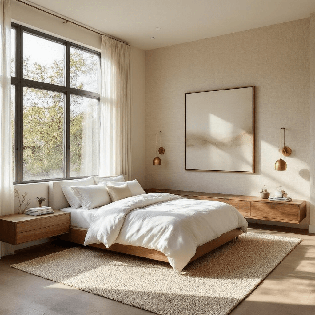 A serene contemporary bedroom featuring warm ivory grasscloth wallpaper, a platform bed with white linens, walnut nightstands, and a hand-knotted greige rug, all bathed in morning light from floor-to-ceiling windows.