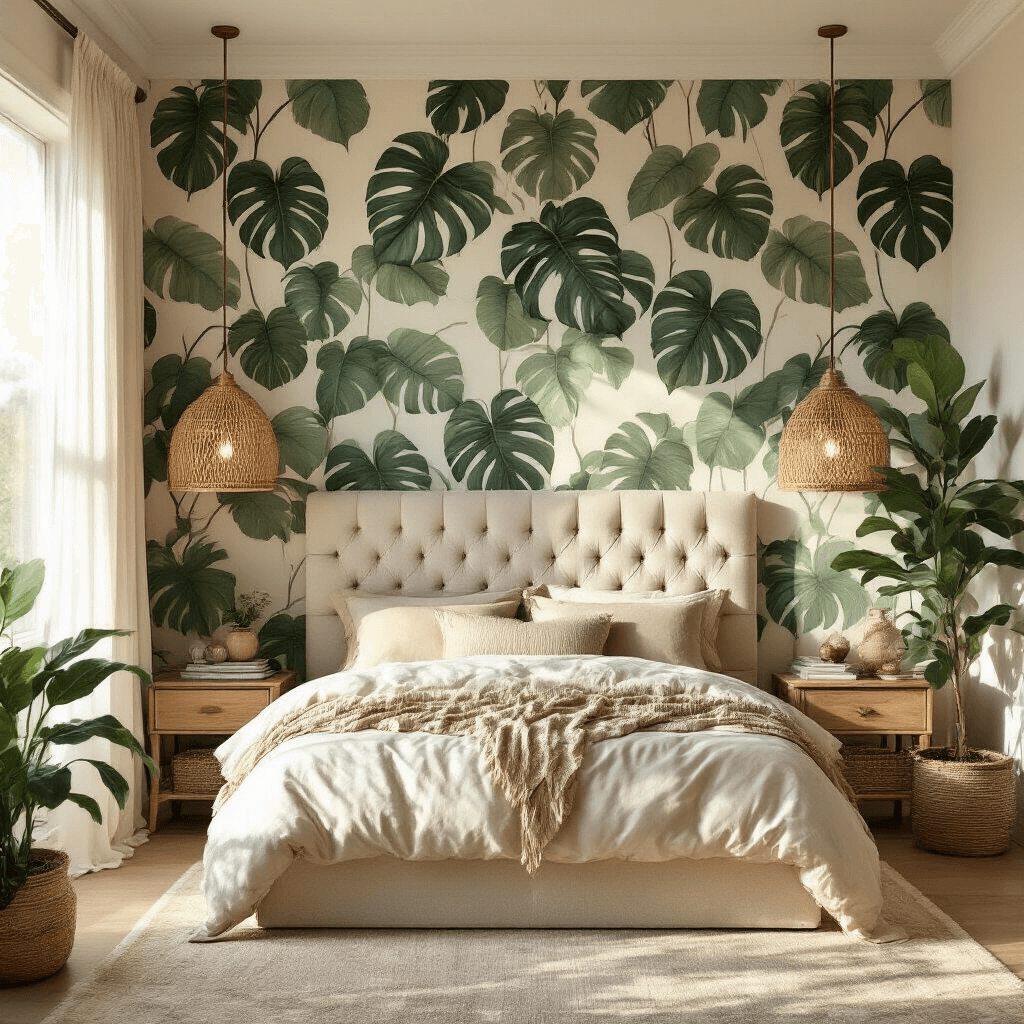 A bright primary bedroom with oversized monstera leaf wallpaper in sage green and cream, featuring a channel-tufted upholstered headboard in vanilla linen, rattan pendant lights, sheer white curtains, layered earth-toned bedding, a potted fiddle leaf fig, and a vintage brass mirror, captured from a low-angle perspective during golden hour.