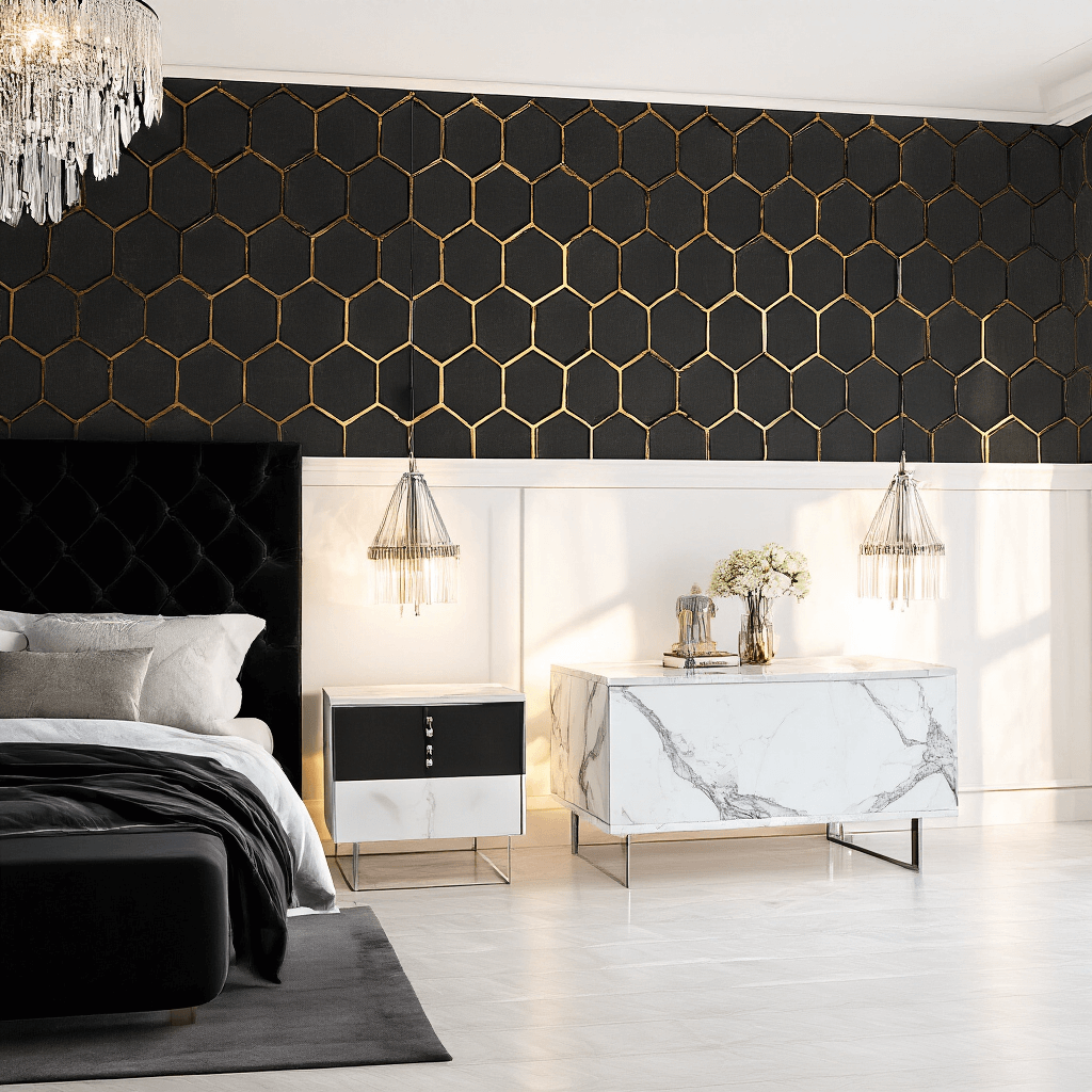 A modern bedroom featuring dramatic gold metallic hexagon wallpaper on a deep charcoal wall, a king-sized bed with a black velvet headboard, white marble nightstands, and polished chrome lighting, with a crystal chandelier overhead, all captured at dusk.