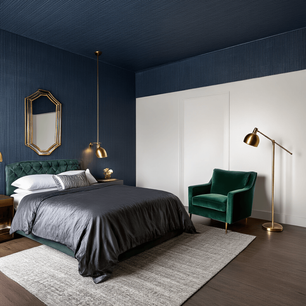 Intimate bedroom at blue hour featuring textured navy wallpaper with silver pinstripes, an emerald green velvet chair, a brass floor lamp, layered bedding in charcoal silk and silver velvet, and an art deco mirror, all illuminated by strategic accent lighting.