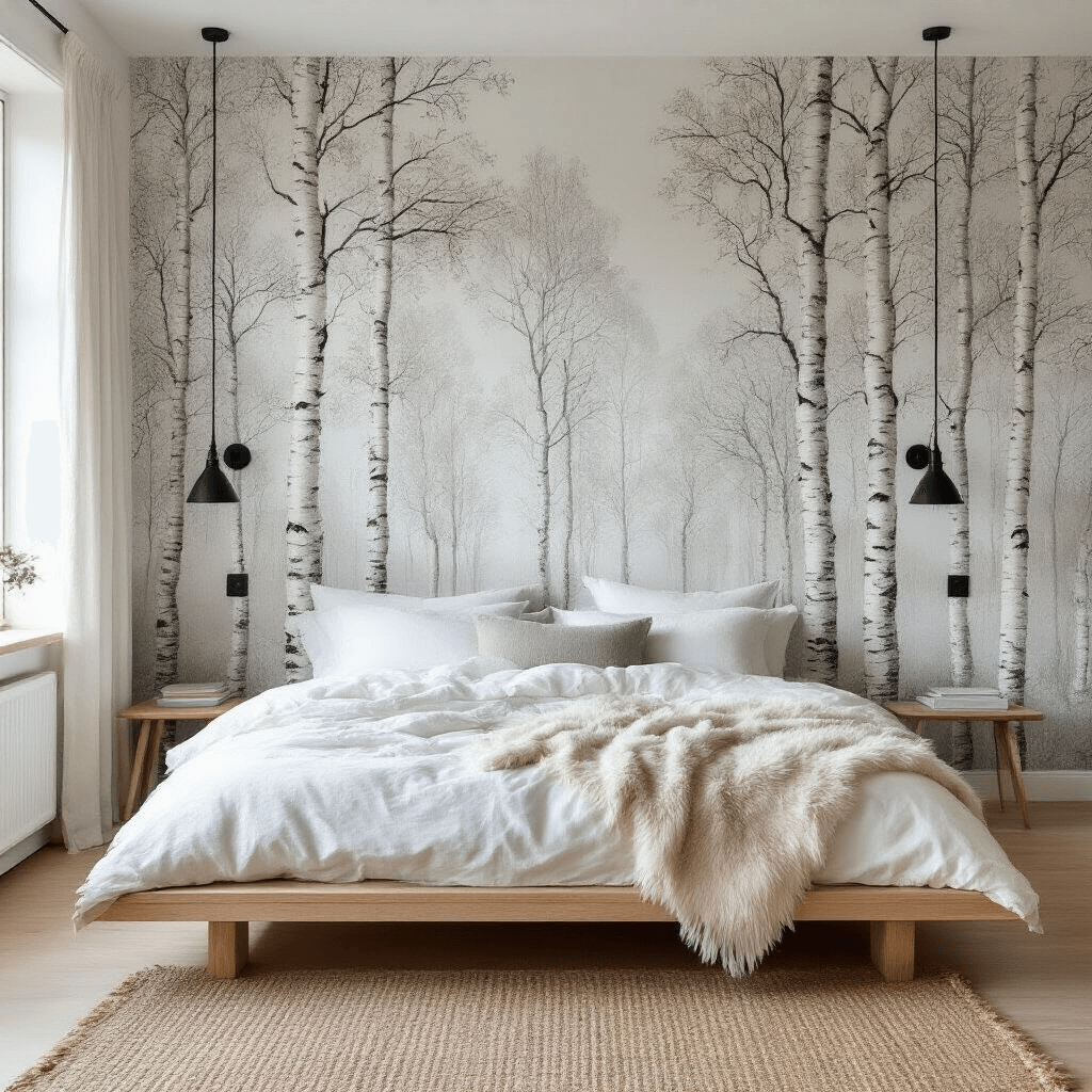 Bright Scandinavian bedroom featuring delicate birch tree wallpaper, a light oak platform bed with white linens, minimalist black sconces, and a pale jute rug, all under even midday lighting.
