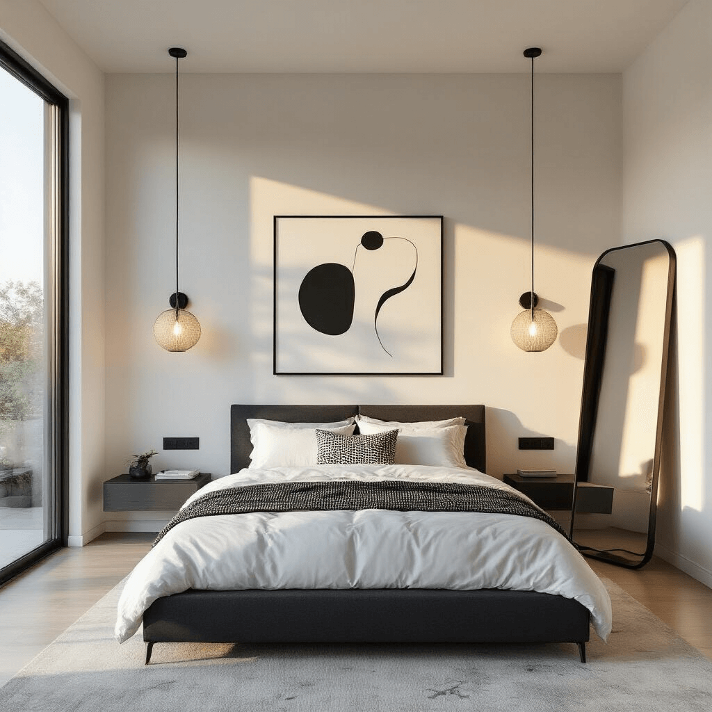 A modern minimalist bedroom featuring a low-profile charcoal platform bed with white linens, geometric throws, and a large mirror reflecting golden hour light from floor-to-ceiling windows, complemented by matte black sconces, floating nightstands, and abstract black and white art.
