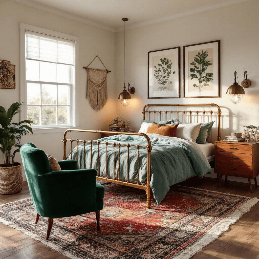An eclectic bedroom featuring a Victorian-era brass bed, mid-century modern walnut nightstands, a gallery wall of vintage botanical prints and contemporary abstract art, a Moroccan rug over sisal, an emerald velvet reading chair, an industrial floor lamp, and a macramé wall hanging, all captured in dramatic sunset light from a corner angle.