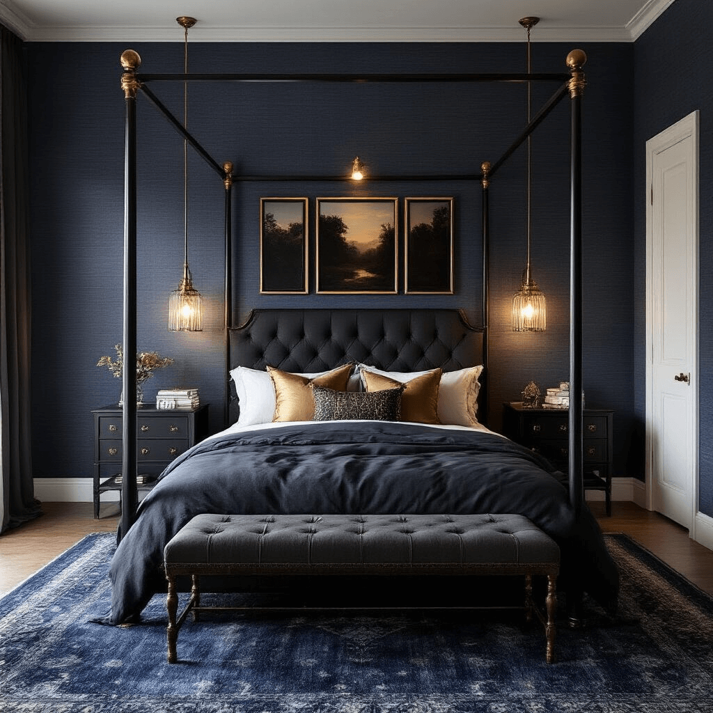 A moody bedroom featuring navy grasscloth wallpaper, a black iron canopy bed with charcoal linen and gold pillows, a dramatic triptych above the tufted headboard, and a vintage overdyed rug in deep indigo, captured from bed level with low ambient lighting and crystal table lamps.