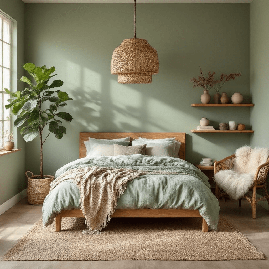 A serene bedroom featuring a sage green accent wall, natural oak platform bed, layered earth-toned bedding, a potted fiddle leaf fig, rattan chair with sheepskin throw, and floating shelves with ceramics and dried botanicals, all bathed in soft morning light.