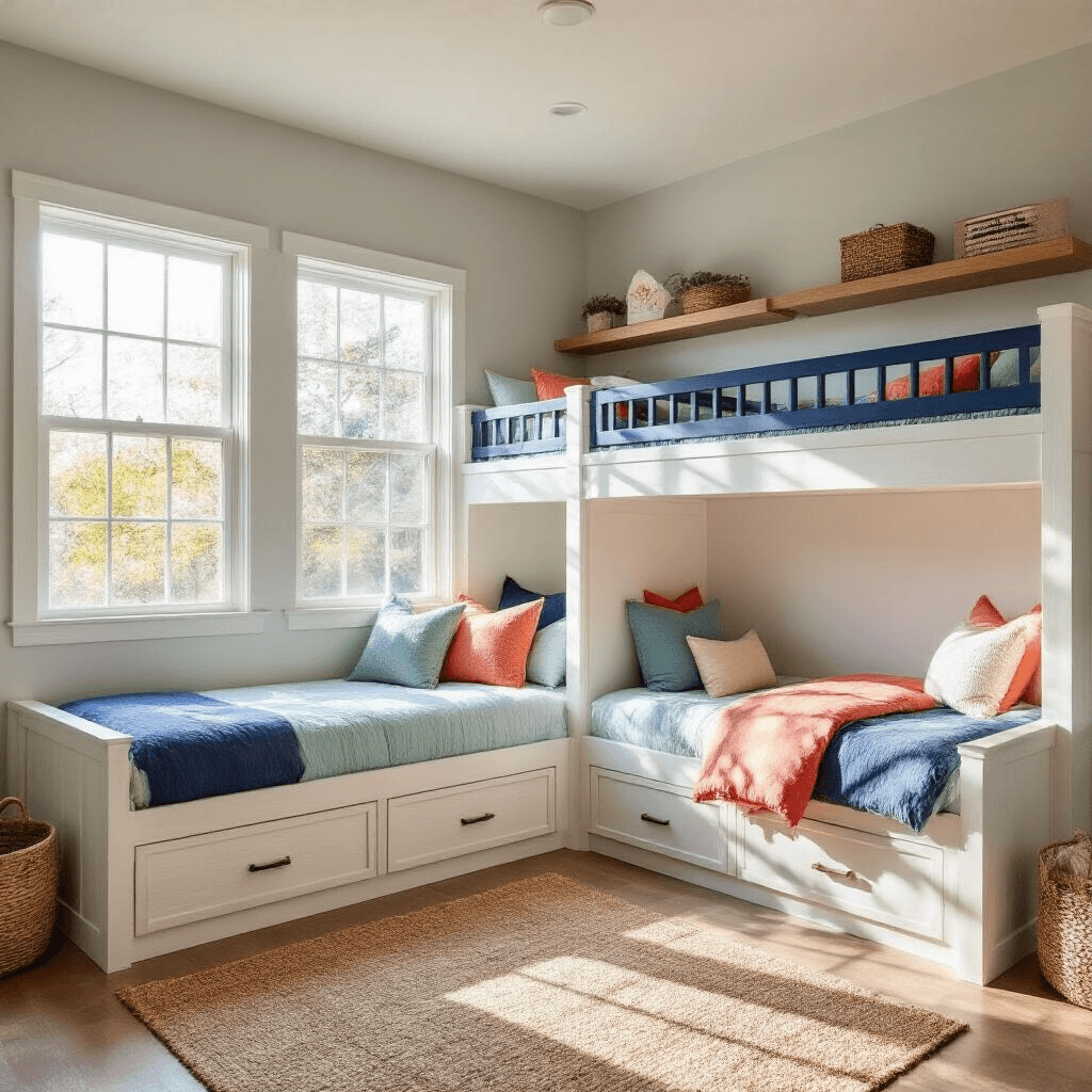 A warm-toned photograph of a bright kids' bedroom with twin bunk beds in weathered white oak, sunlight streaming through west-facing windows, showcasing personalized study nooks in mint green and coral, with natural textures like a jute rug and linen bedding.