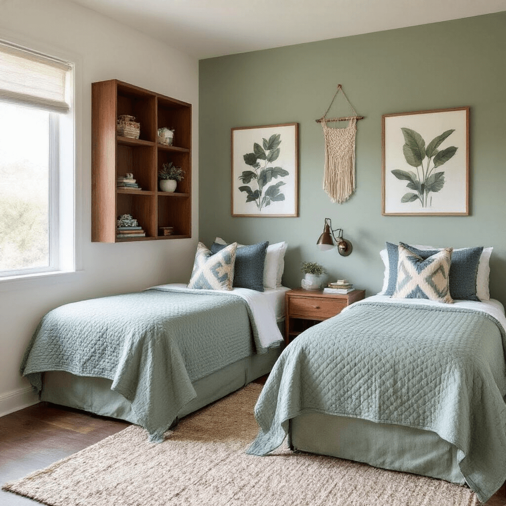 A cozy shared bedroom featuring corner-oriented L-shaped twin beds with dusty blue quilted bedspreads and geometric throw pillows, set against crisp white walls and a sage green accent wall adorned with oversized botanical prints. A warm walnut room-dividing bookcase separates distinct zones, while a braided wool rug and macramé wall hangings add texture. The scene is captured from a 45-degree elevated angle in soft mid-morning lighting.