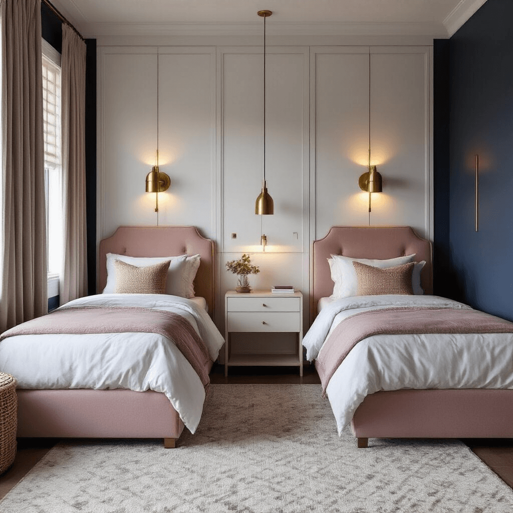 Modern shared bedroom featuring twin beds with blush pink velvet headboards, ambient lighting from brass sconces, and a deep navy accent wall, accented by a tufted wool rug and rattan details.