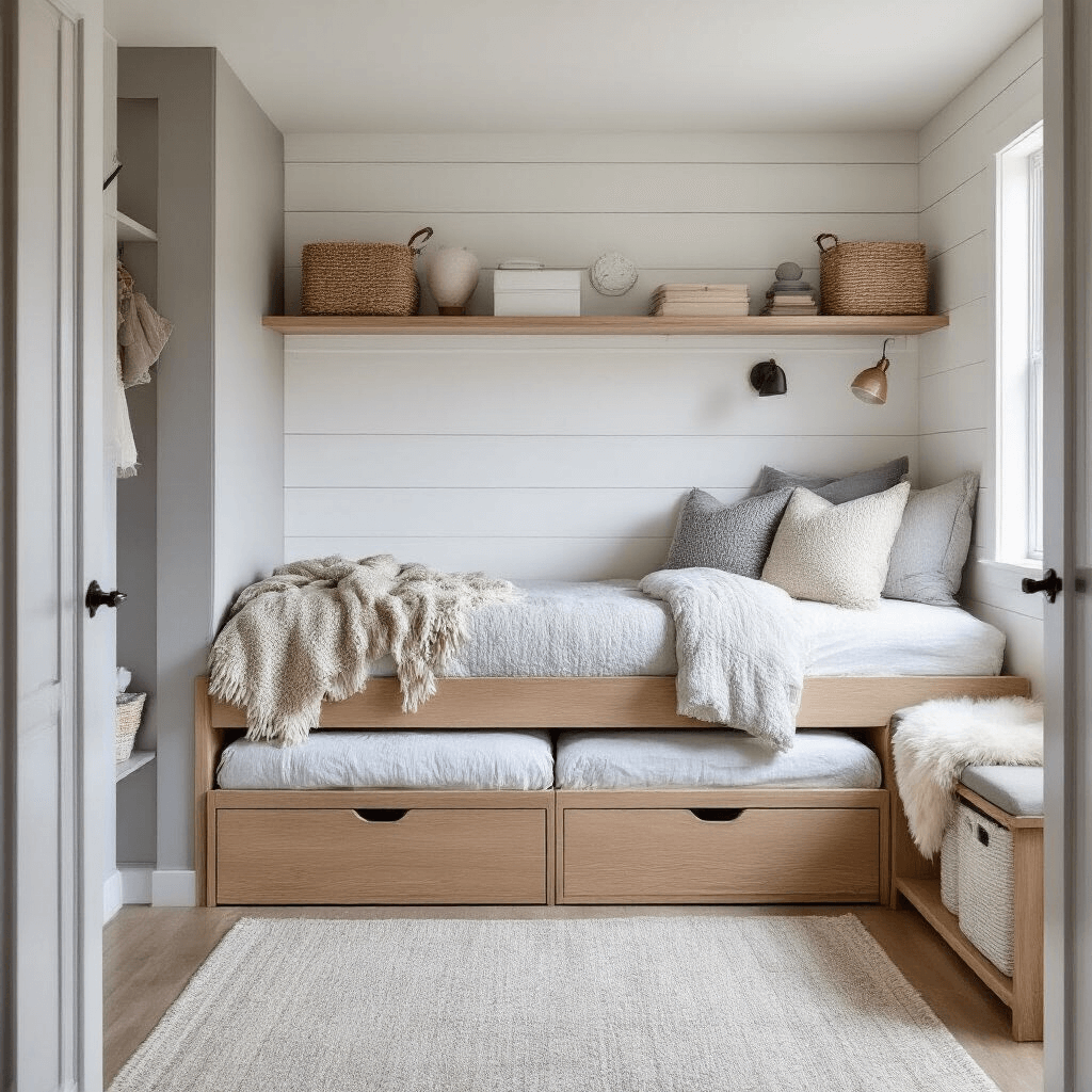 Scandinavian-inspired shared bedroom featuring a light oak trundle daybed and elevated platform bed, captured from the doorway during morning blue hour, showcasing a white shiplap accent wall, pale gray surfaces, under-bed storage, wall-mounted cubbies, and textural elements like chunky knit throws and sheepskin accents.