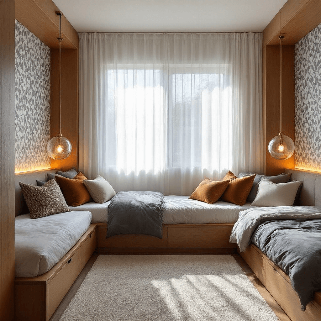 A contemporary shared bedroom with corner meeting beds, photographed from above, featuring warm honey oak custom millwork, suspended bubble chairs, and geometric gray and white wallpaper, bathed in late afternoon light through sheer curtains.