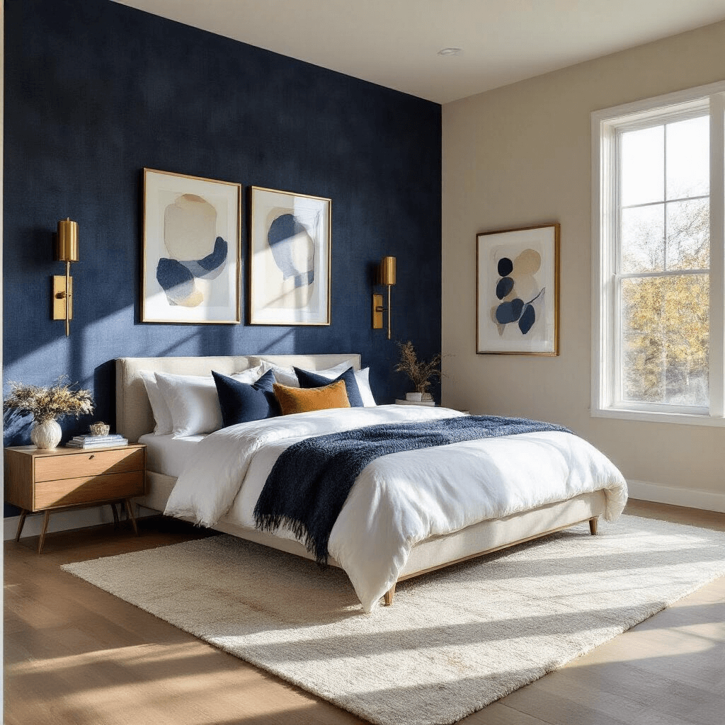Wide-angle shot of a modern master bedroom featuring a navy blue textured wallpaper accent wall, low-profile platform bed with white linens, floor-to-ceiling windows, brass sconces, abstract art gallery, and layered textures with a cream and gold area rug, captured during golden hour.
