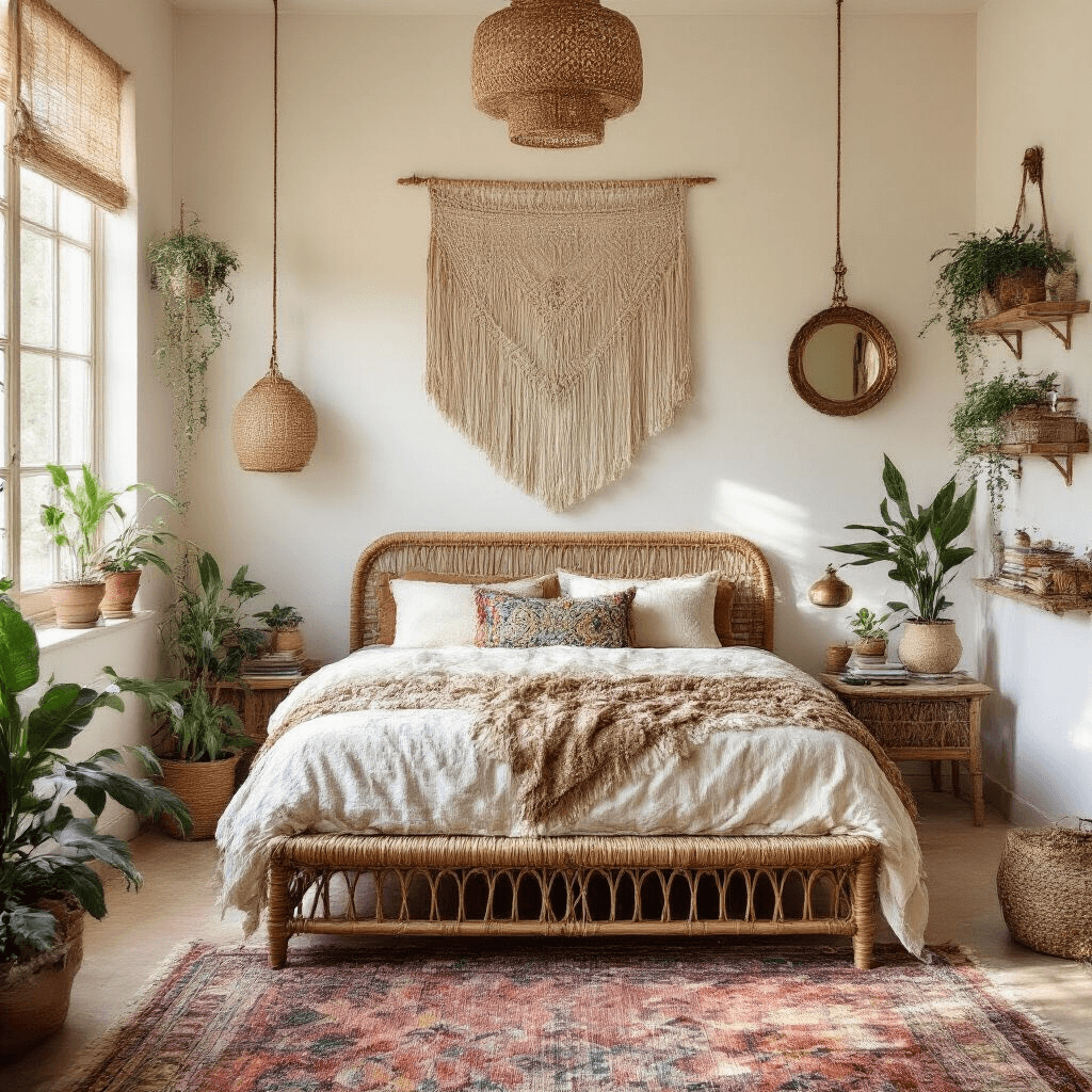 Cozy Bohemian-style bedroom featuring macramé wall hangings and woven tapestries in earth tones, a rattan bed frame, and potted plants on floating shelves, illuminated by soft diffused lighting.