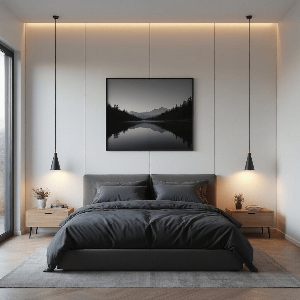 Low-angle shot of a contemporary minimalist bedroom featuring custom geometric white wood paneling, a king-size bed with charcoal linen bedding, and a large black and white photograph. The room is illuminated by integrated LED strips and furnished with Scandinavian-inspired pale oak and black metal accents, captured at twilight.