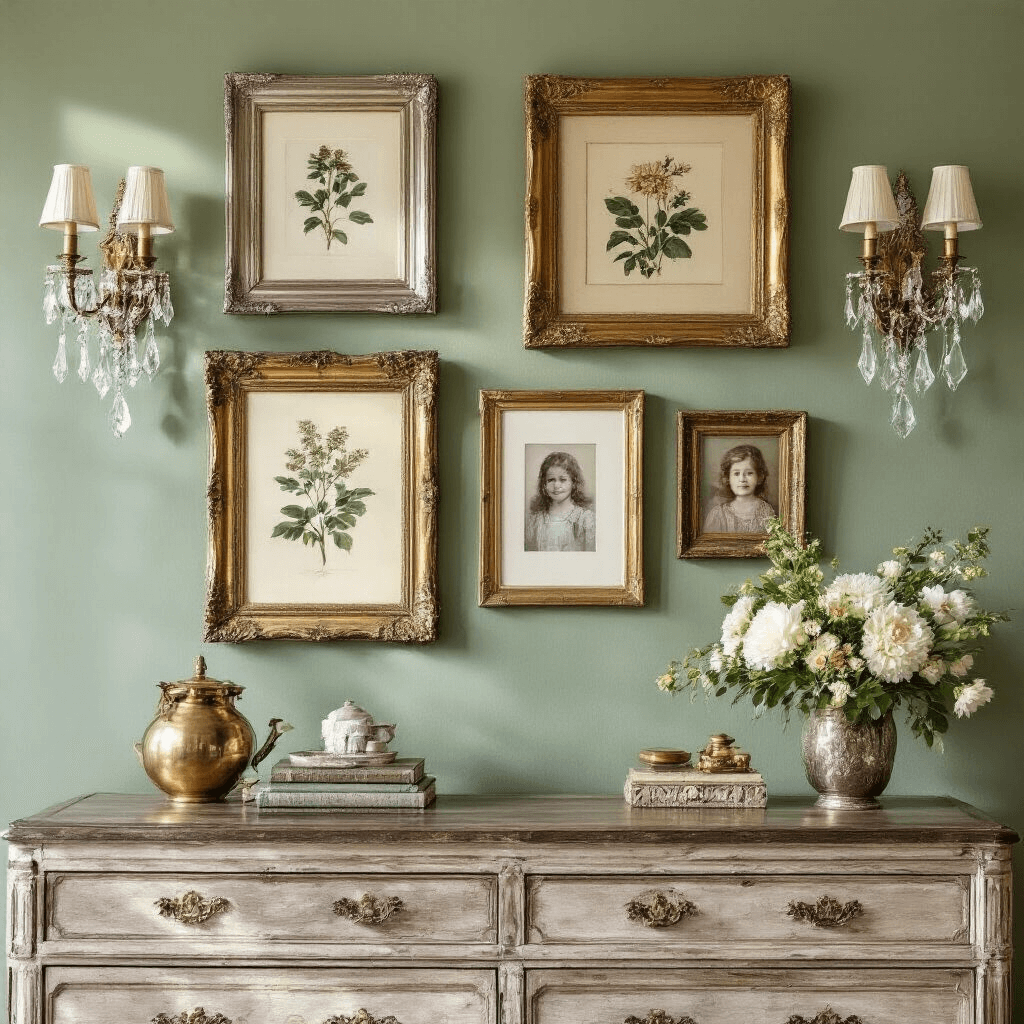 Close-up of a vintage eclectic gallery wall in a bedroom, featuring a collection of gold, silver, and wooden frames displaying botanical prints and family photos, against sage green walls. Crystal wall sconces illuminate the arrangement, creating shadows, with an antique dresser styled with brass objects and fresh flowers nearby.