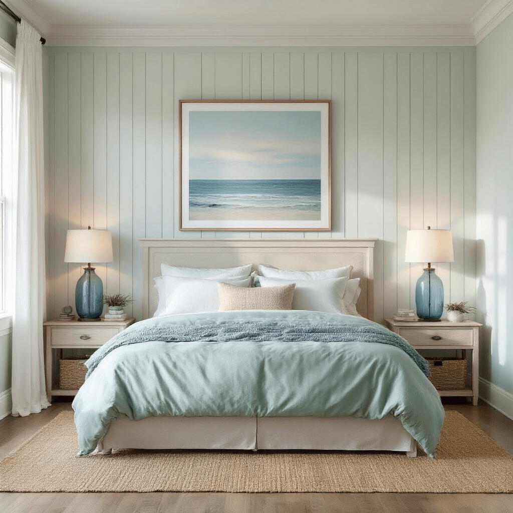 A spacious coastal-themed bedroom featuring white board and batten wainscoting, pale seafoam green walls, and large coastal artwork above a linen-upholstered headboard, with soft morning light accentuating the room's textures.