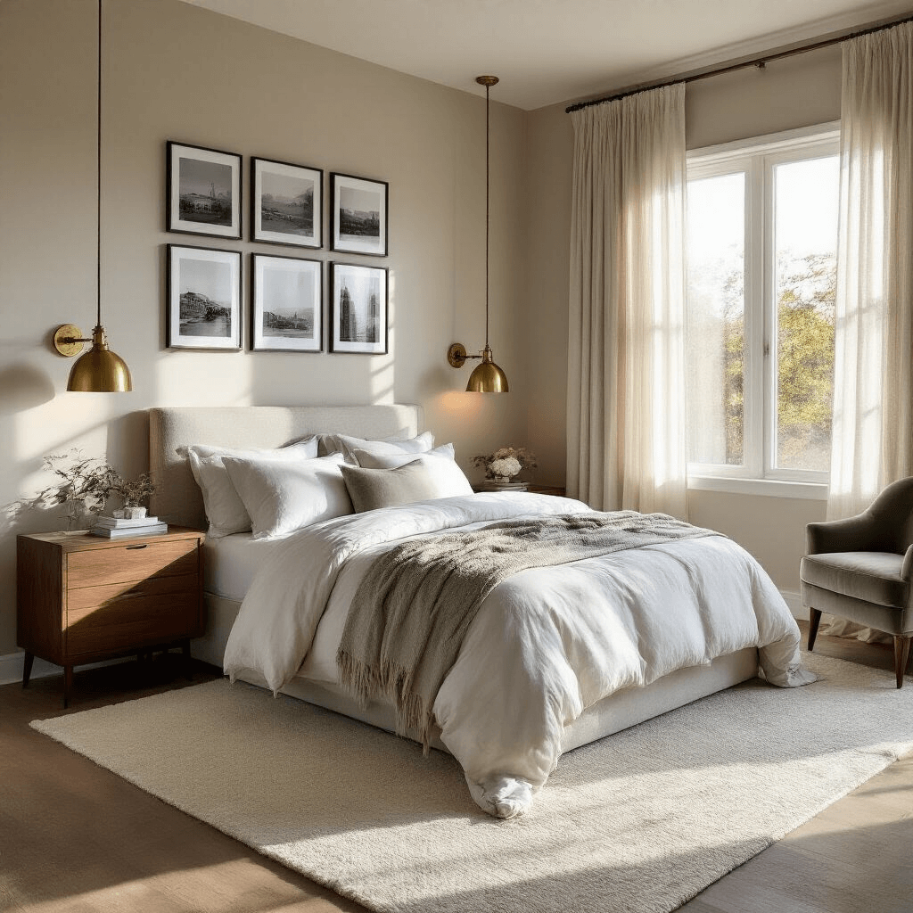 A serene master bedroom featuring a king-sized bed with neutral linens, warm sunlight filtering through sheer curtains, and a muted sage accent chair, all set against soft greige walls adorned with black and white travel photos.