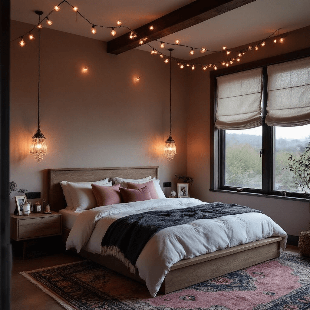 A cozy 12x12ft couples bedroom at dusk featuring a queen platform bed with white linens, blush pink duvets, and charcoal throws. Dim lighting from crystal sconces and copper string lights creates a romantic ambiance, complemented by a vintage Persian rug and textural elements like linen shades and macramé decor.