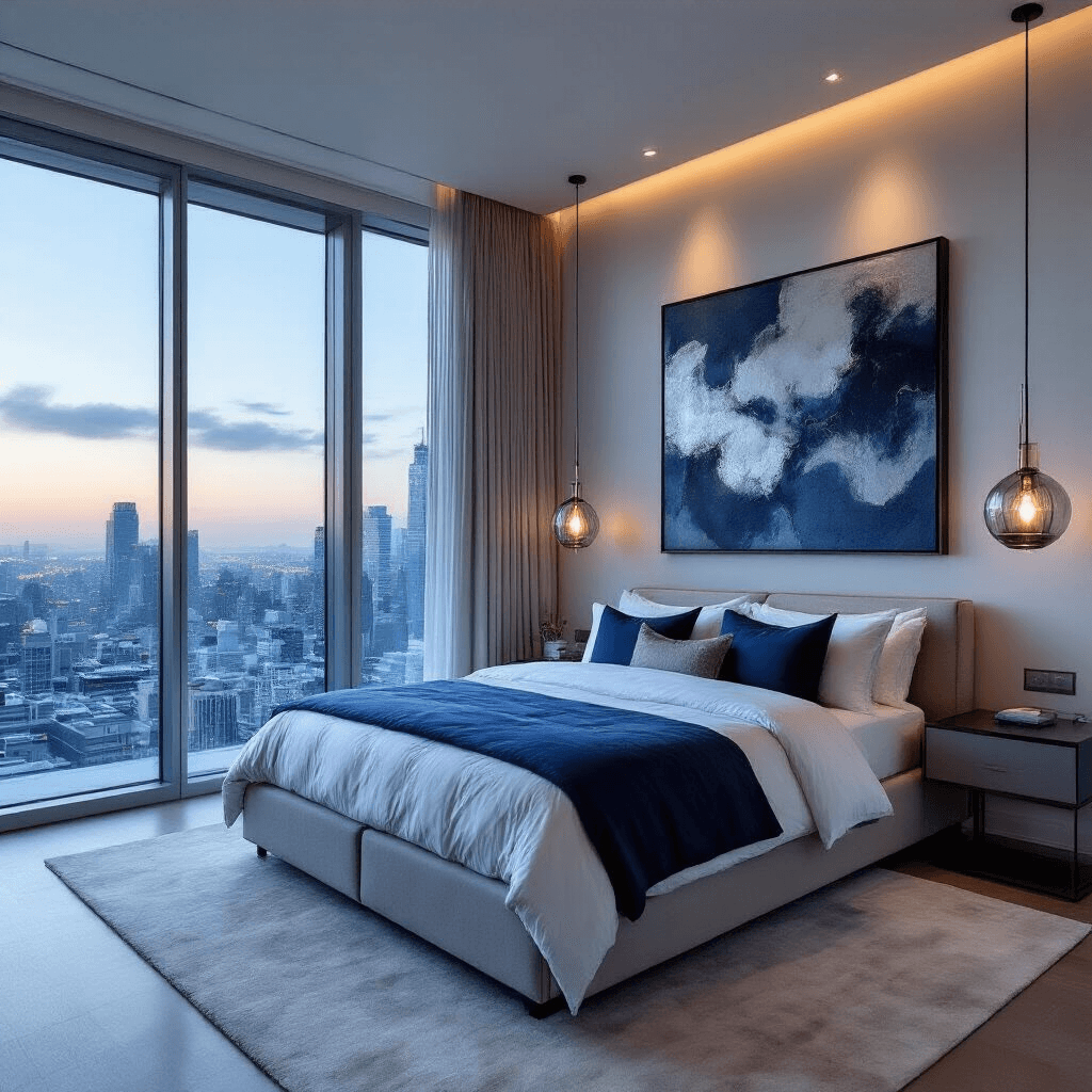 A modern primary bedroom with floor-to-ceiling windows, featuring a low-profile bed with luxury bedding and automated silk drapes, pendant lights, and an abstract canvas, all illuminated in cool blue hour lighting.