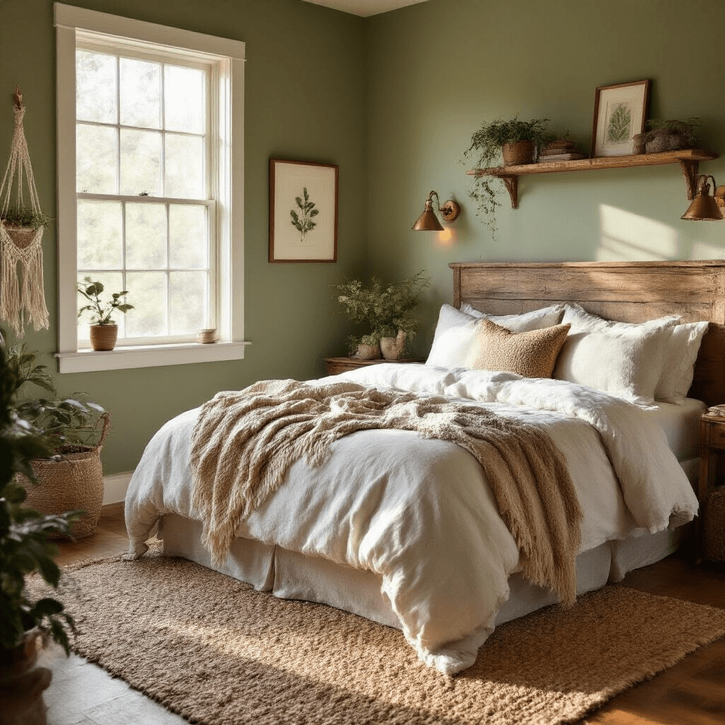 A cozy couples retreat featuring a sage green accent wall and rustic wooden headboard, adorned with organic cotton linens in warm white and earthen tone duvets. Sunbeams filter in, highlighting vintage brass sconces, floating shelves with mementos, and small plants, all set on a handwoven jute rug over restored hardwood floors, with macramé plant hangers and botanical prints in the background.