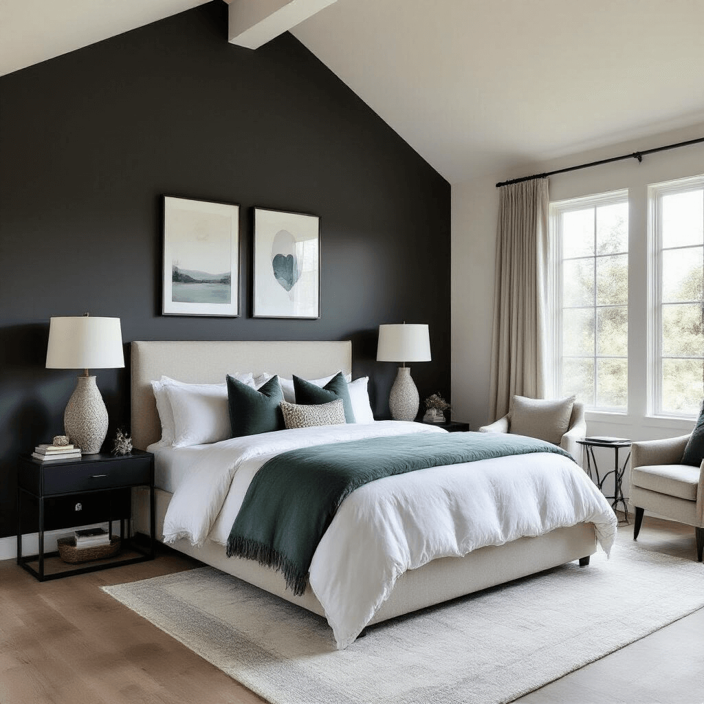 A spacious main bedroom with vaulted soft white ceilings and a deep charcoal accent wall, featuring a California king bed with cloud-white linens, dual eucalyptus-colored duvets, and metallic accent pillows. Black metal bedside tables hold sculptural ceramic lamps, while greige floor-length linen drapes frame large windows. A contemporary abstract rug in cream and silver anchors the room, complemented by paired velvet reading chairs and framed love notes adorning the walls, all bathed in warm afternoon light.
